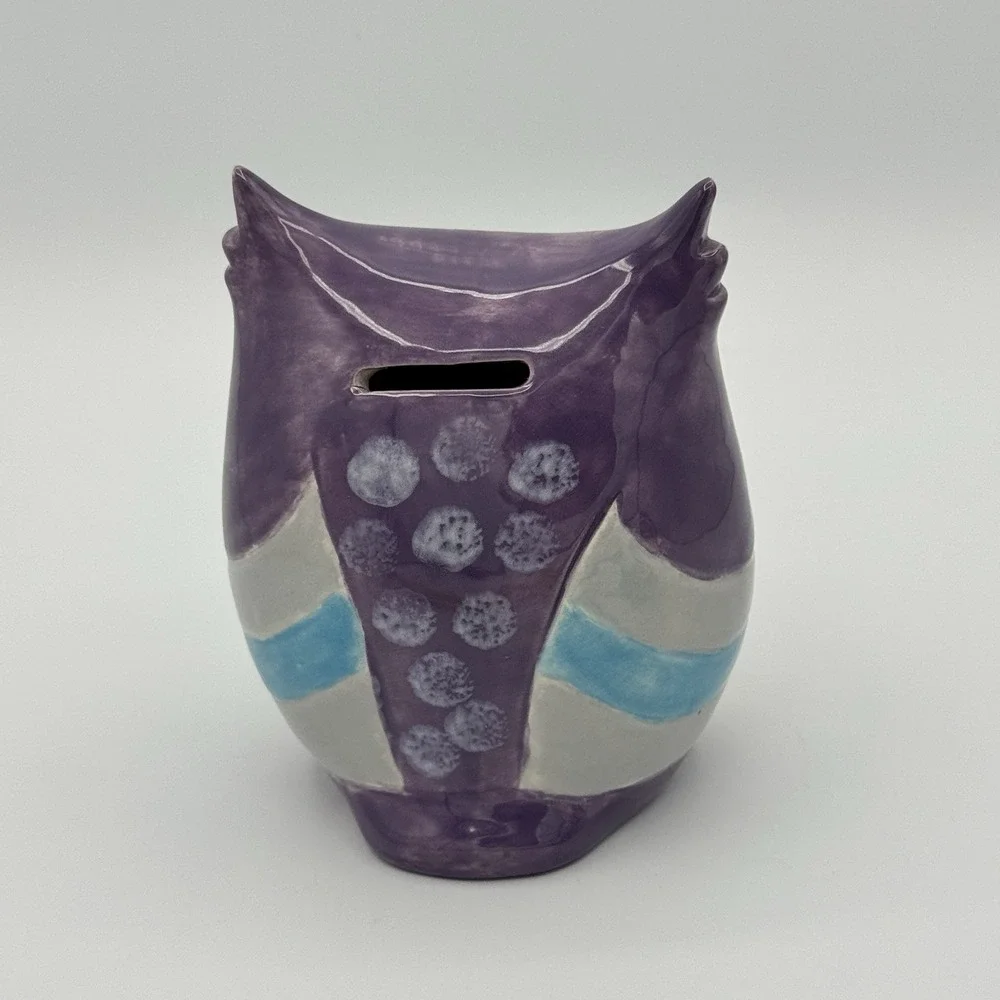 Purple Ceramic Owl Coin Bank Vintage Cute Kawaii Kids Room Decor Pottery